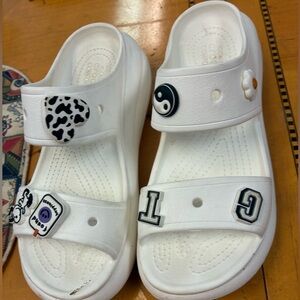 Unisex CROCS White Sandals with Fun Charms-  women’s size 8/ men size 6